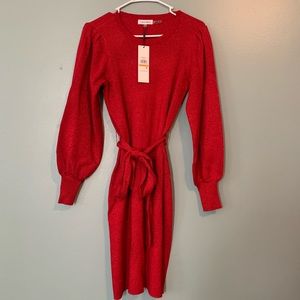 Calvin Klein Long Puff Sleeve Shimmer Ribbed Knit Jewel Neck Dress